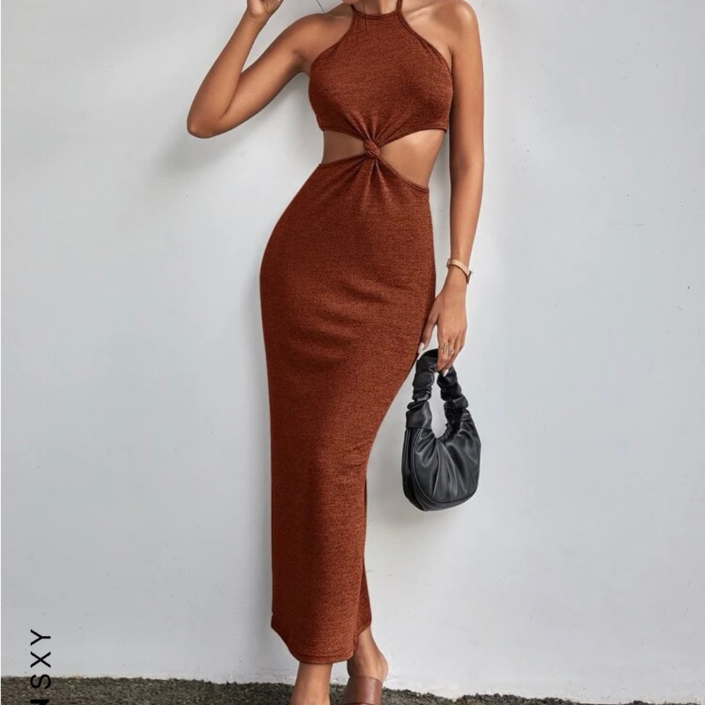 rust brown cut out maxi dress